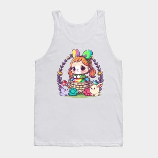 Cute Easter Bunny Girl In Basket. Spring Rainbow Flowers and Easter Eggs Tank Top